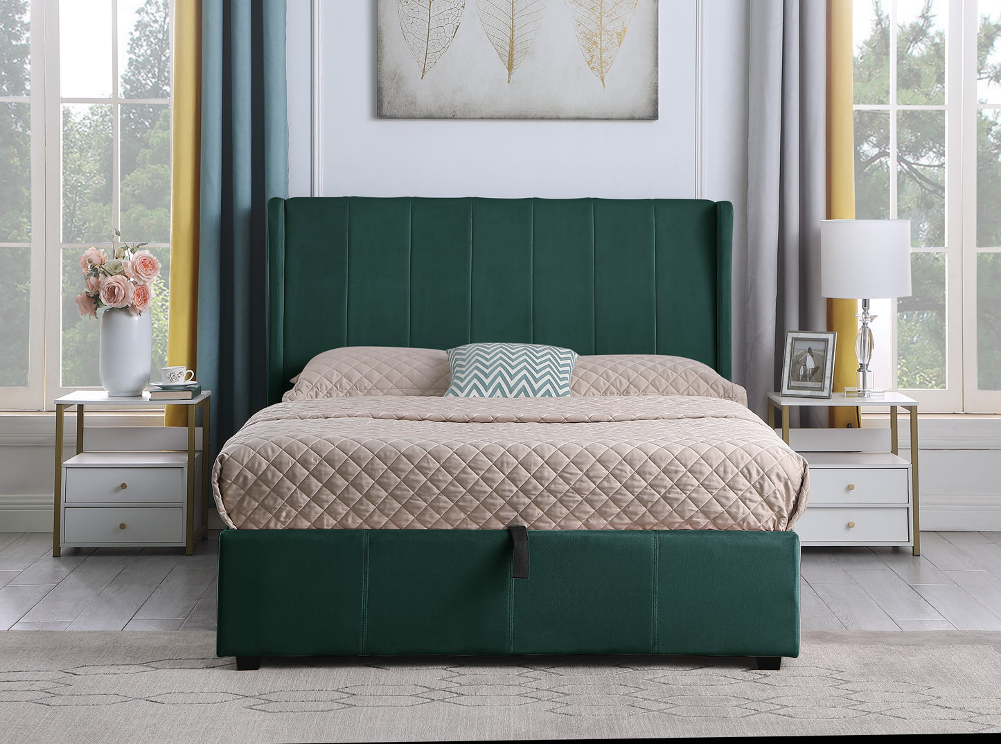 AMELIA PLUS 5' STORAGE BED - GREEN VELVET FABRIC