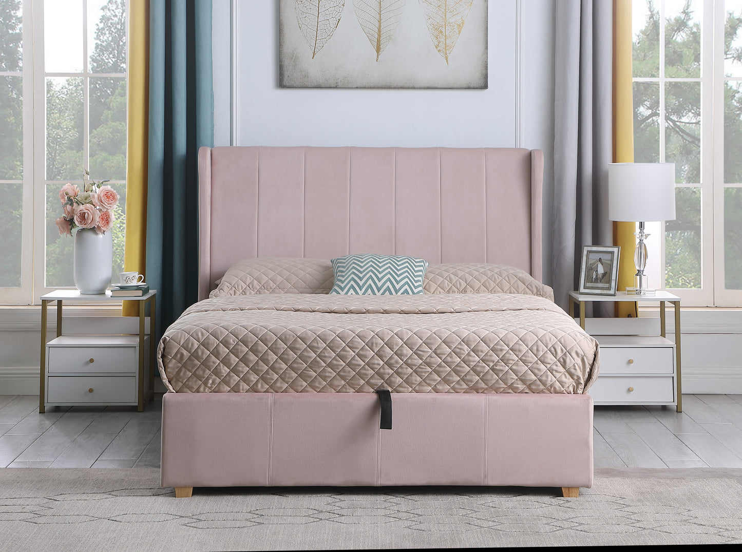 AMELIA PLUS 4'6" STORAGE BED - PINK VELVET FABRIC