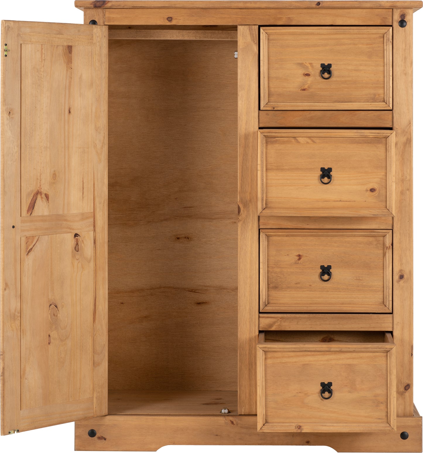 CORONA 1 DOOR 4 DRAWER LOW WARDROBE - DISTRESSED WAXED PINE