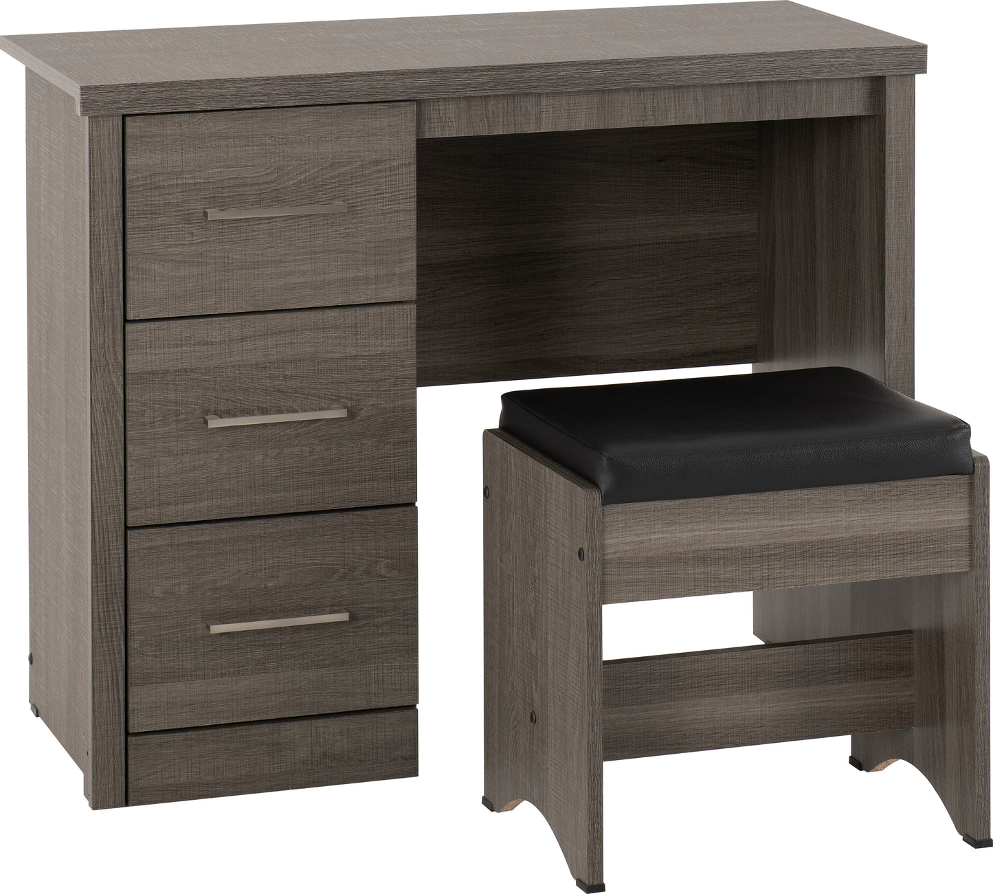 LISBON 2 PIECE DRESSING TABLE SET - BLACK WOOD GRAIN/BLACK FAUX LEATHER