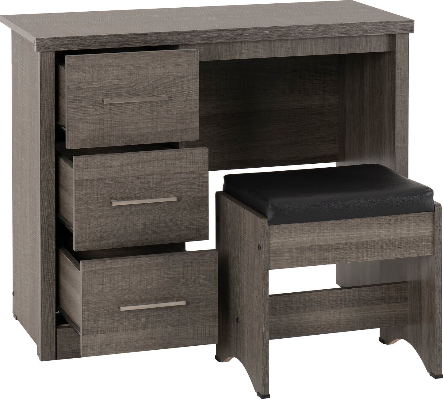 LISBON 2 PIECE DRESSING TABLE SET - BLACK WOOD GRAIN/BLACK FAUX LEATHER