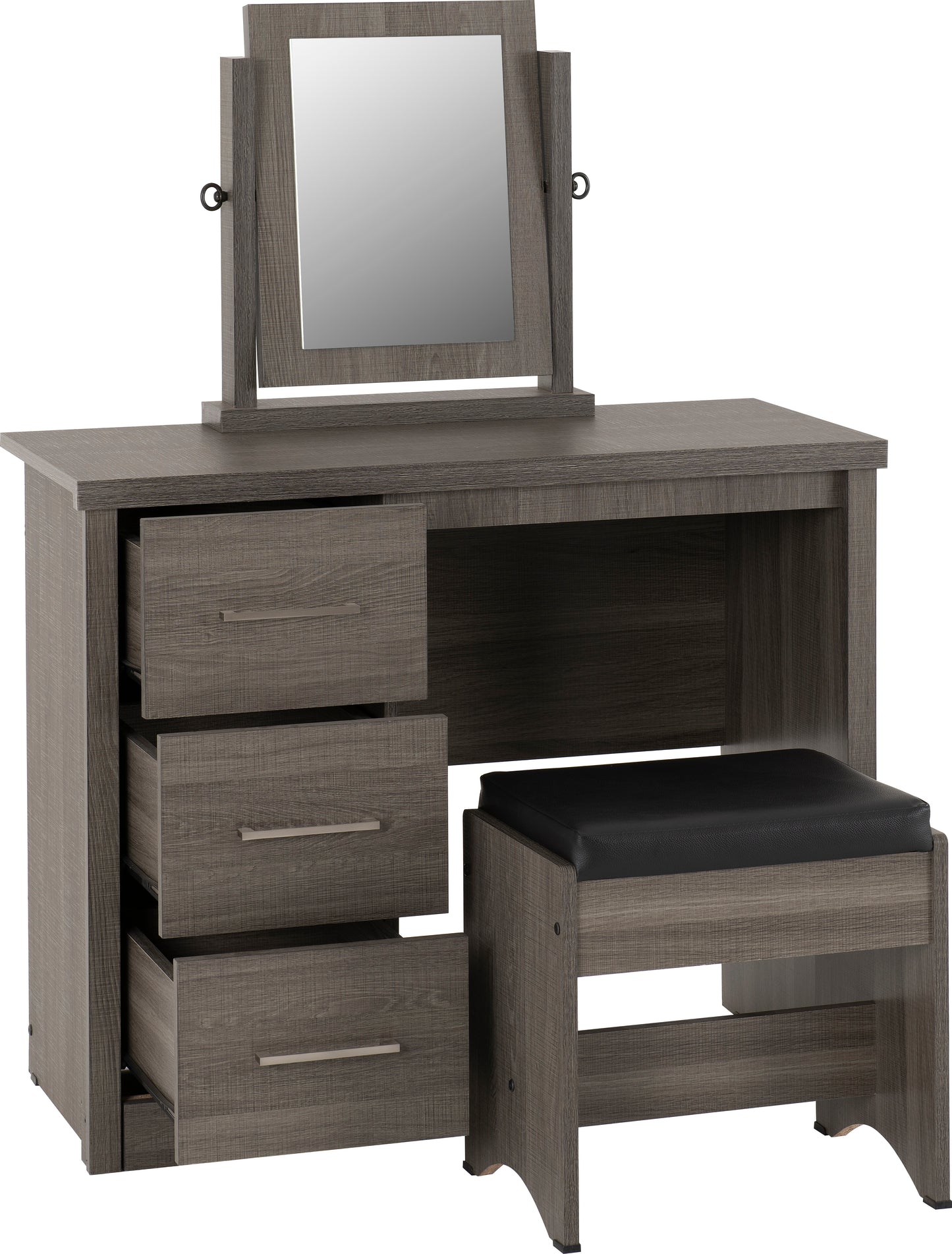 LISBON 3 PIECE DRESSING TABLE SET WITH MIRROR - BLACK WOOD GRAIN/BLACK FAUX LEATHER