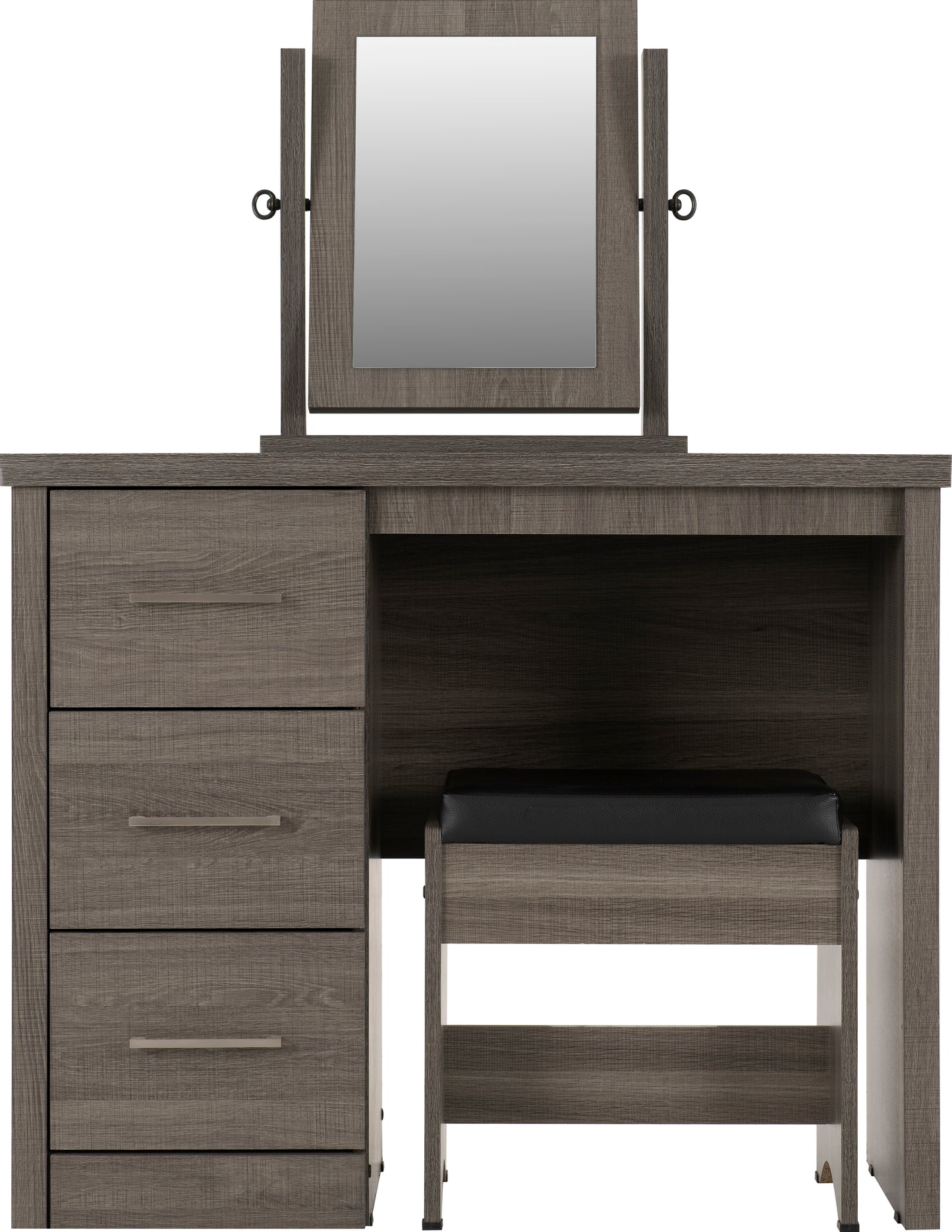 LISBON 3 PIECE DRESSING TABLE SET WITH MIRROR - BLACK WOOD GRAIN/BLACK FAUX LEATHER