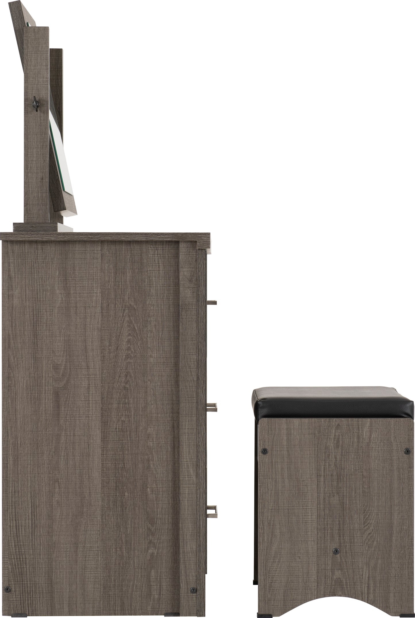 LISBON 3 PIECE DRESSING TABLE SET WITH MIRROR - BLACK WOOD GRAIN/BLACK FAUX LEATHER