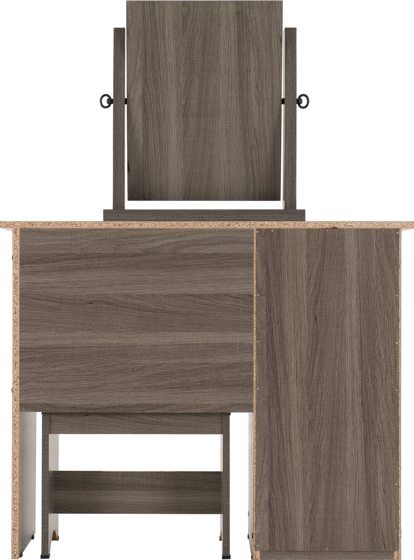 LISBON 3 PIECE DRESSING TABLE SET WITH MIRROR - BLACK WOOD GRAIN/BLACK FAUX LEATHER