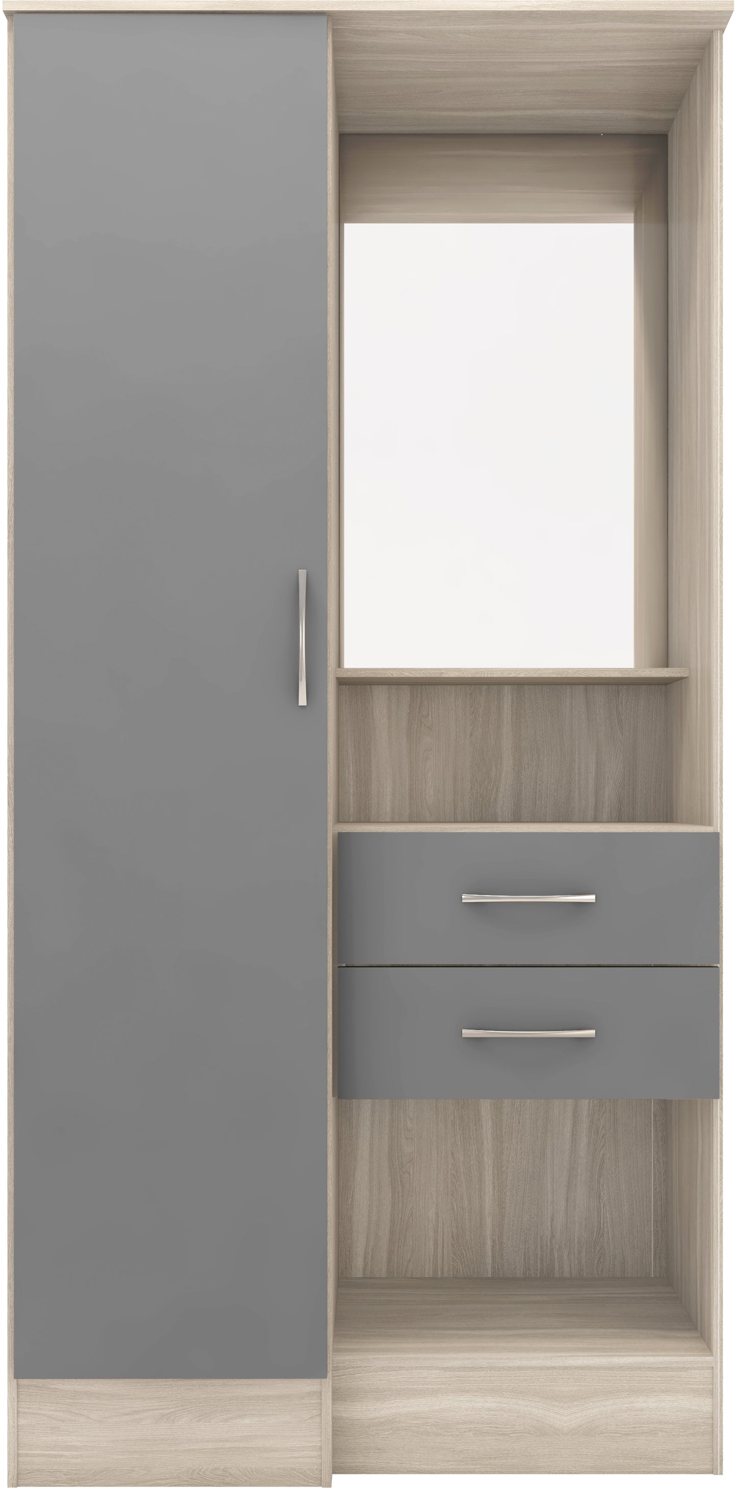 NEVADA VANITY 1 DOOR WARDROBE - GREY GLOSS/LIGHT OAK EFFECT VENEER
