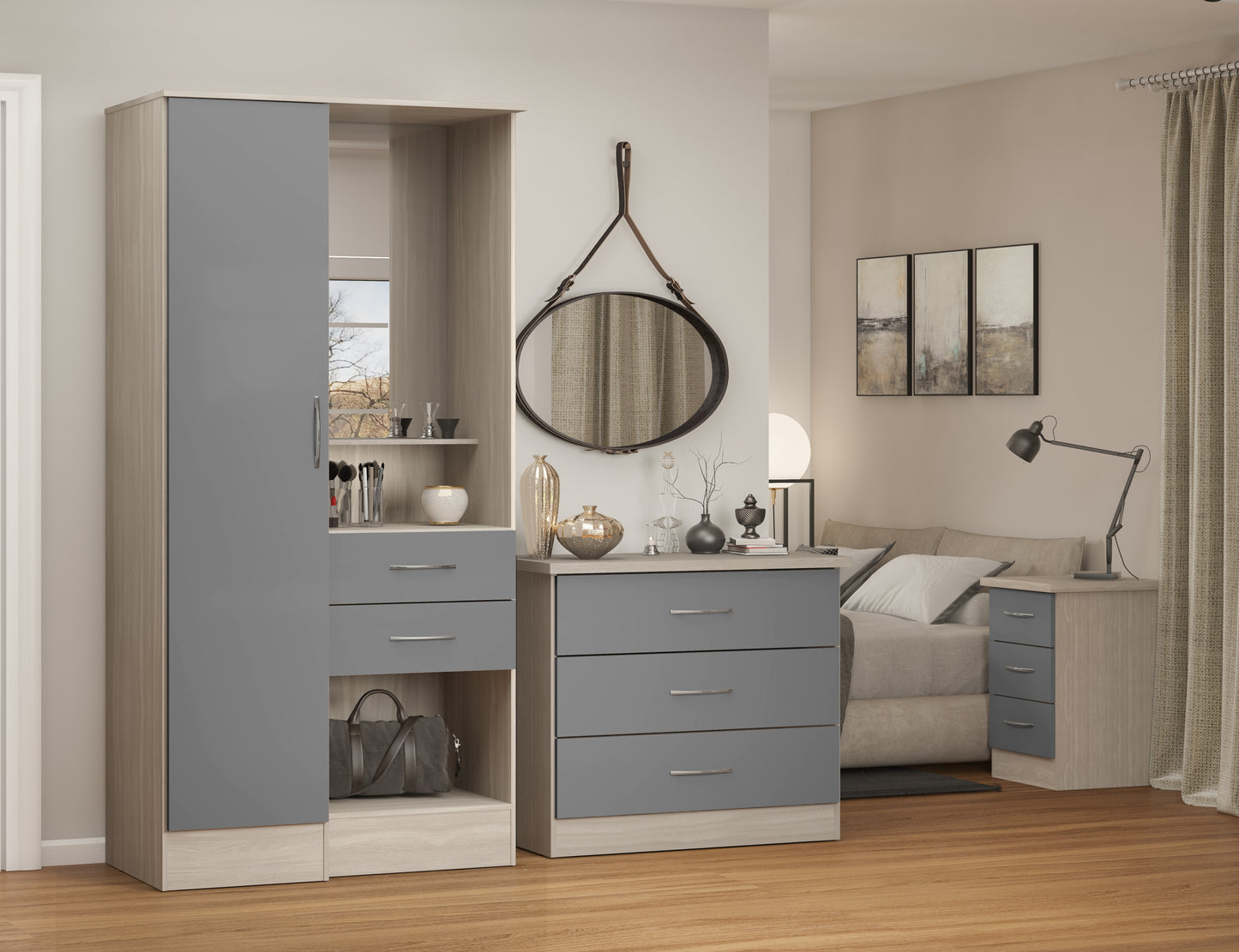 NEVADA VANITY 1 DOOR WARDROBE - GREY GLOSS/LIGHT OAK EFFECT VENEER