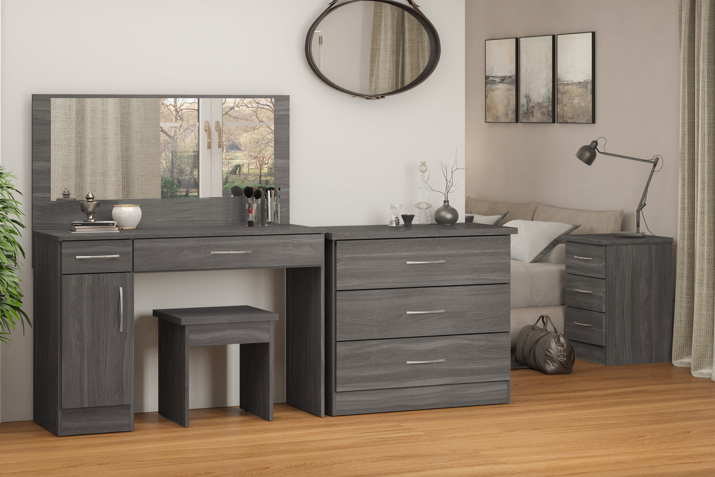 NEVADA VANITY/DRESSING TABLE SET - BLACK WOOD GRAIN