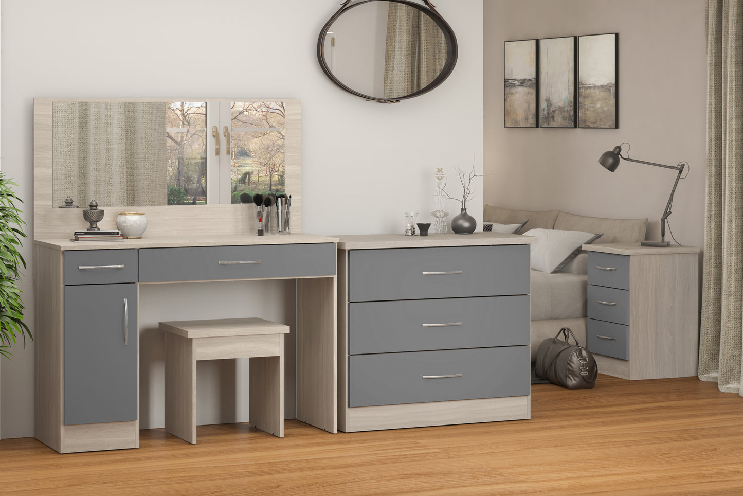 NEVADA VANITY/DRESSING TABLE SET - GREY GLOSS/LIGHT OAK EFFECT VENEER