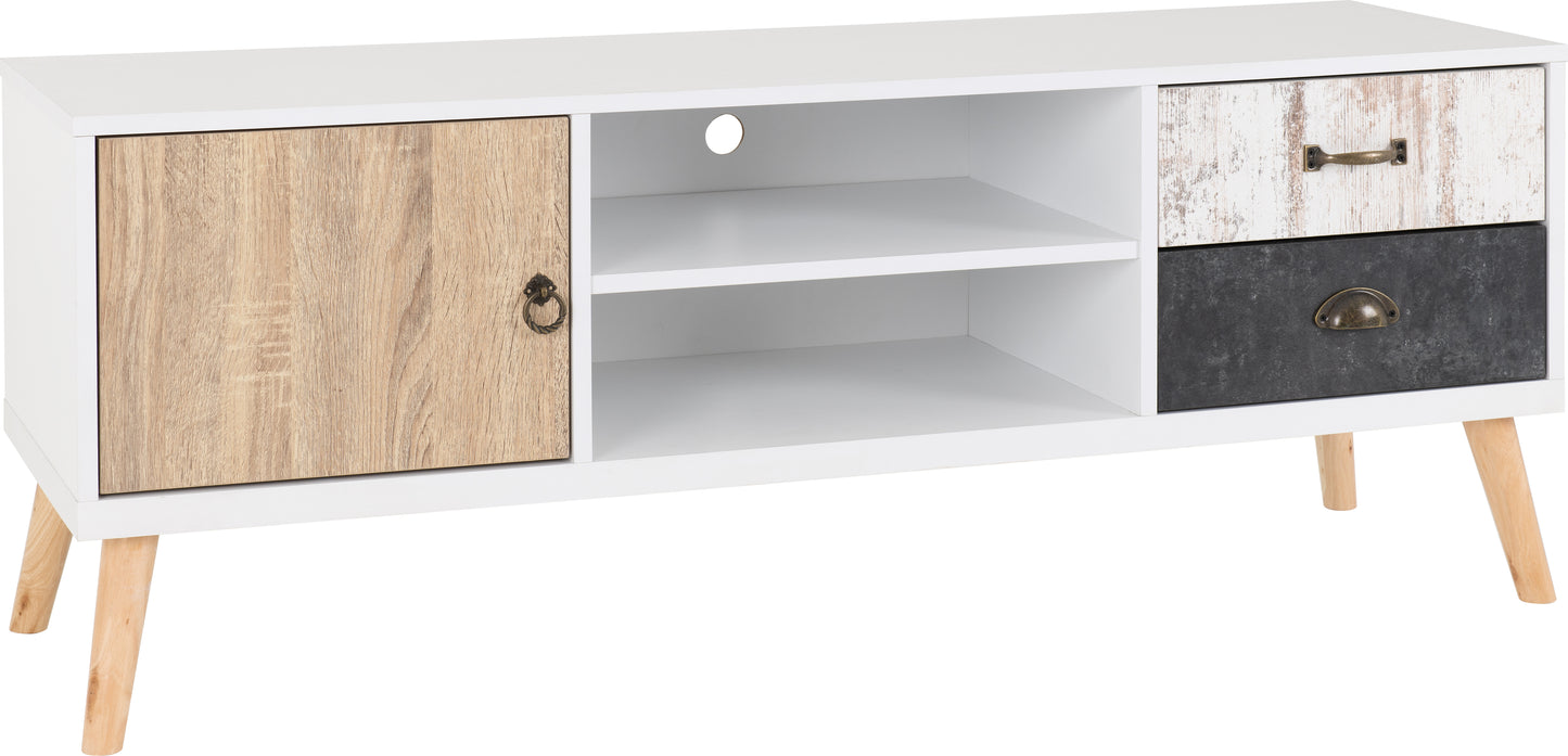 NORDIC 1 DOOR 2 DRAWER TV UNIT - WHITE/DISTRESSED EFFECT