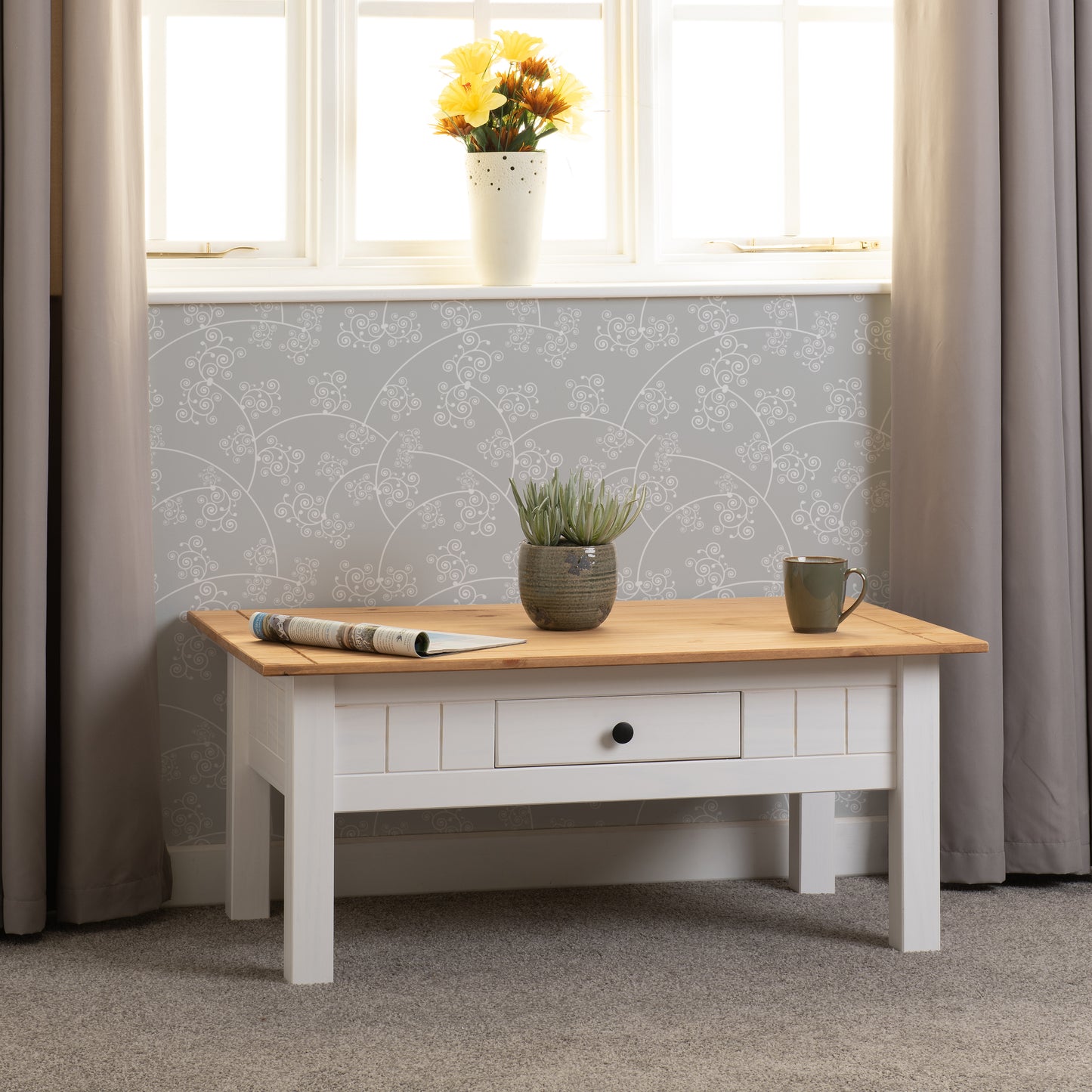 PANAMA 1 DRAWER COFFEE TABLE - WHITE/NATURAL WAX