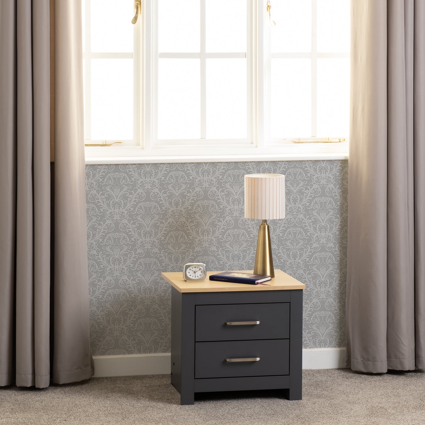PORTLAND 2 DRAWER BEDSIDE - GREY/OAK EFFECT