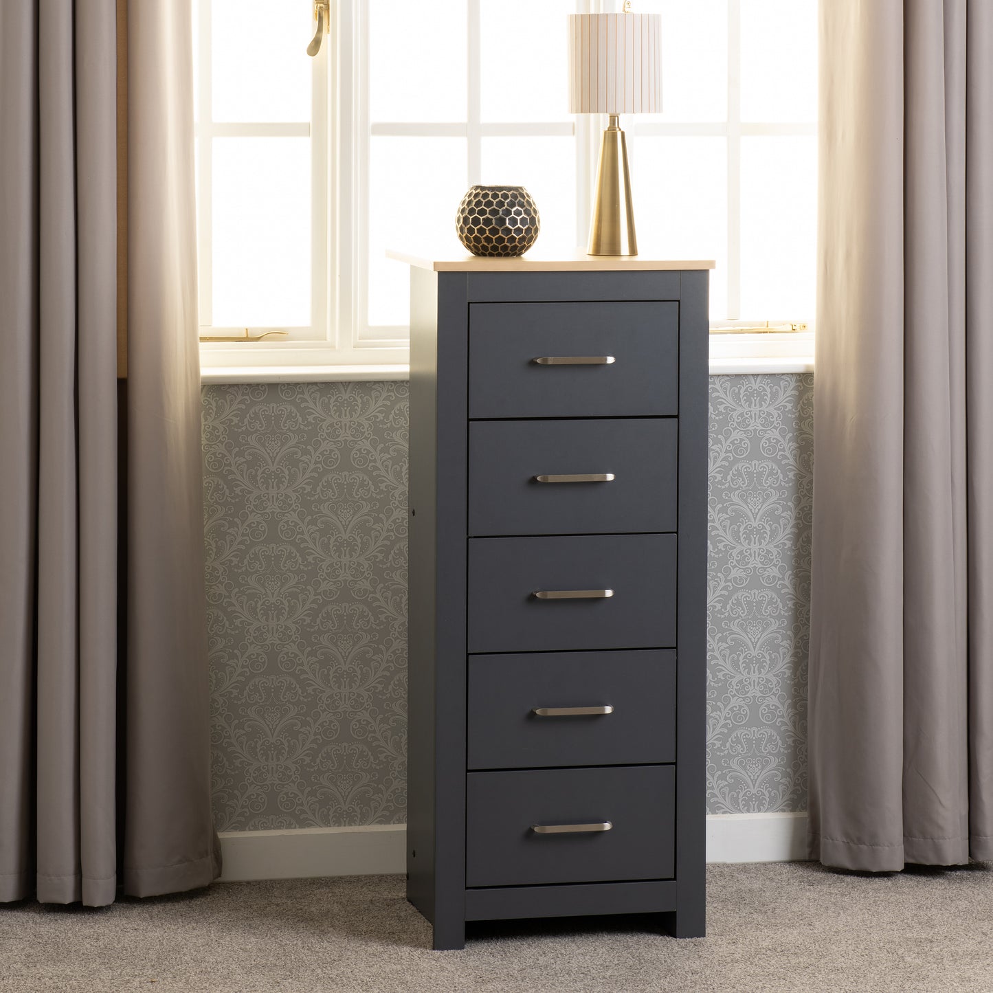 PORTLAND 5 DRAWER NARROW CHEST - GREY/OAK EFFECT