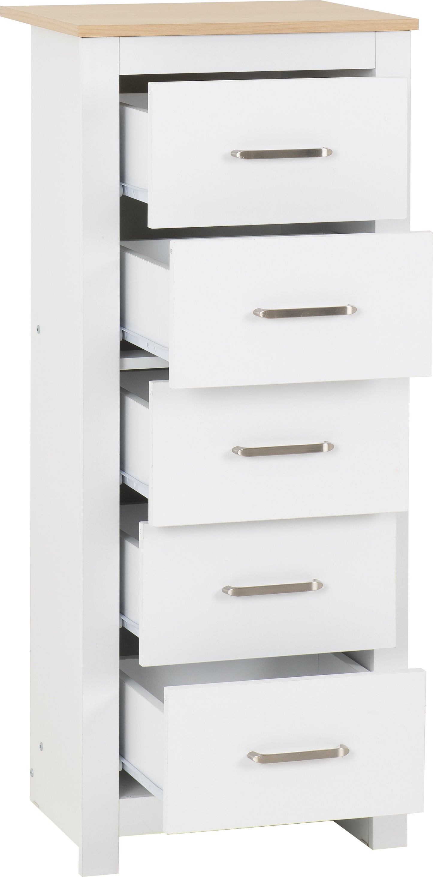 PORTLAND 5 DRAWER NARROW CHEST - WHITE/OAK EFFECT