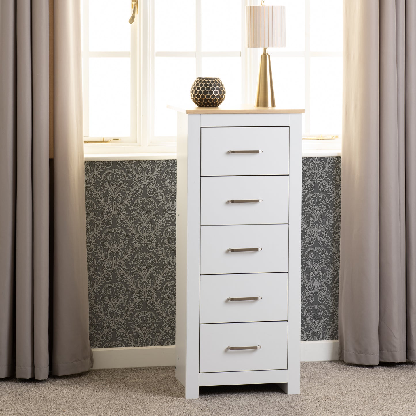 PORTLAND 5 DRAWER NARROW CHEST - WHITE/OAK EFFECT