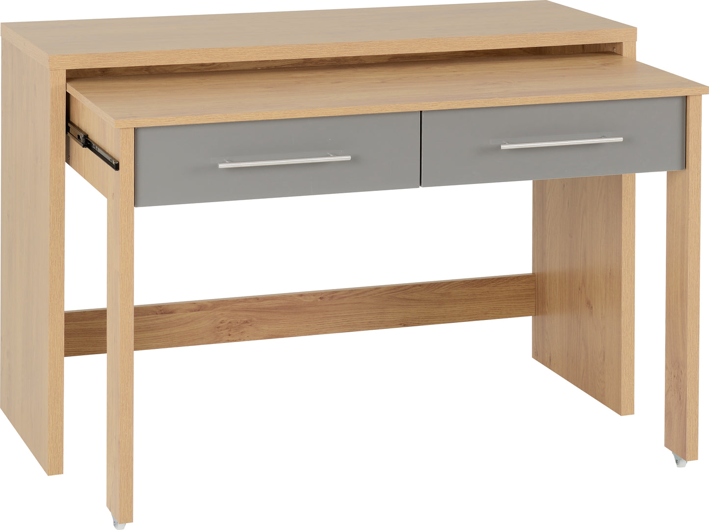 SEVILLE 2 DRAWER SLIDER DESK - GREY HIGH GLOSS/LIGHT OAK EFFECT VENEER