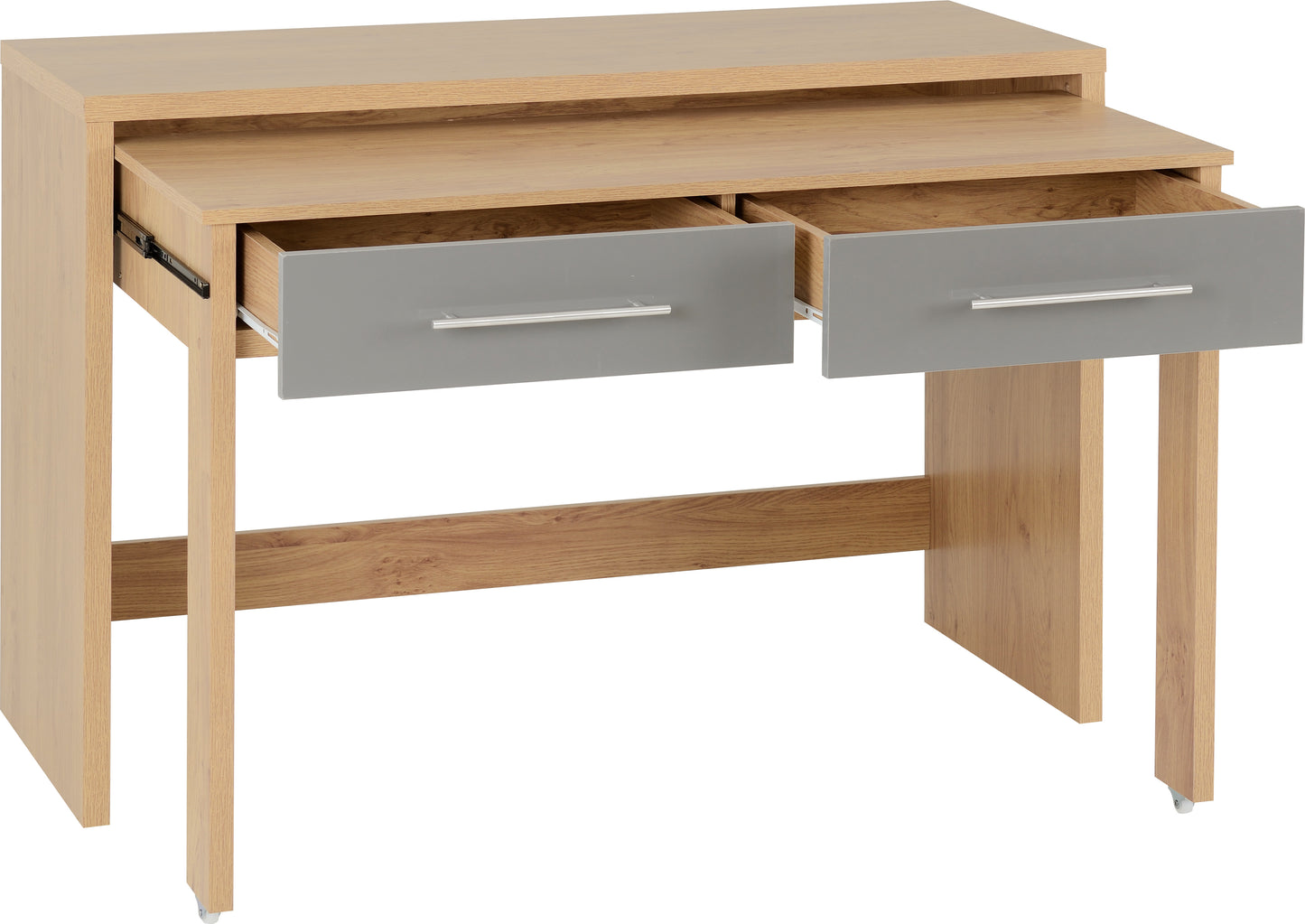 SEVILLE 2 DRAWER SLIDER DESK - GREY HIGH GLOSS/LIGHT OAK EFFECT VENEER