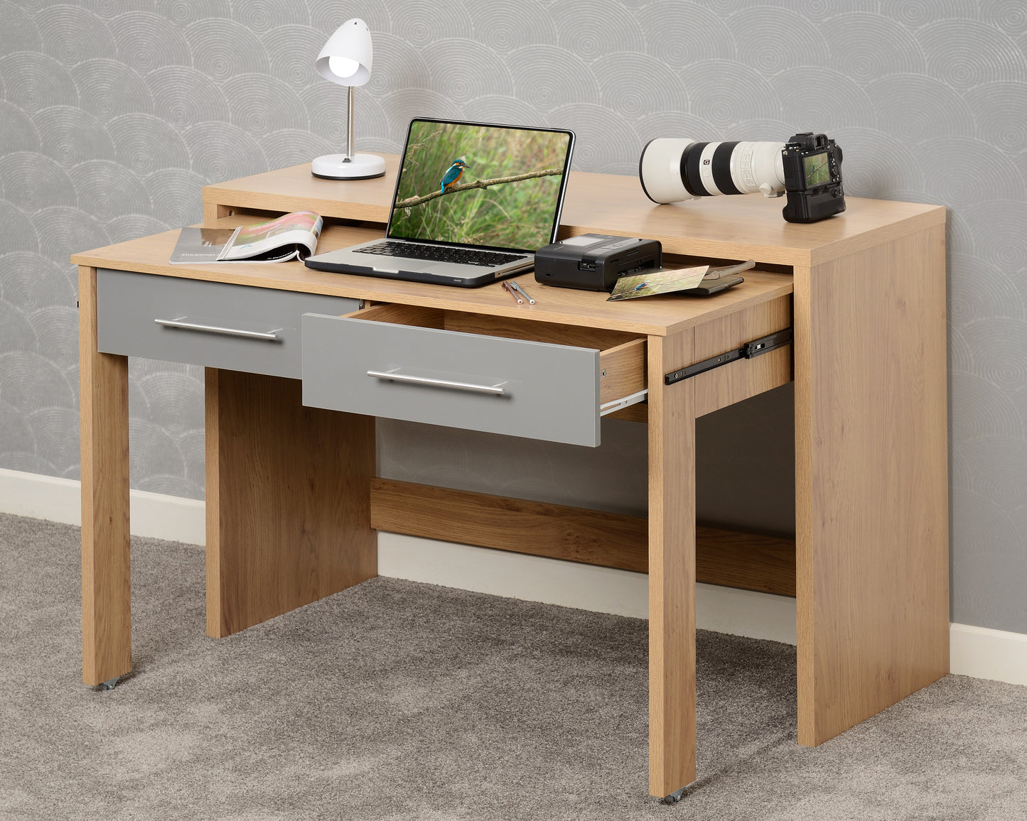 SEVILLE 2 DRAWER SLIDER DESK - GREY HIGH GLOSS/LIGHT OAK EFFECT VENEER