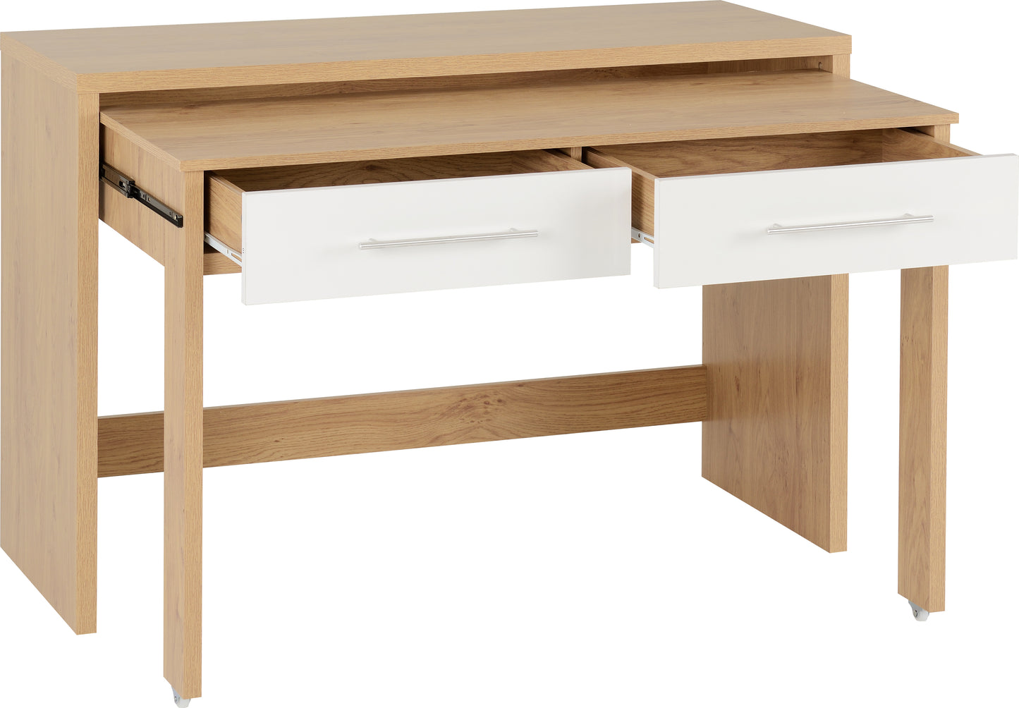 SEVILLE 2 DRAWER SLIDER DESK - WHITE HIGH GLOSS/LIGHT OAK EFFECT VENEER