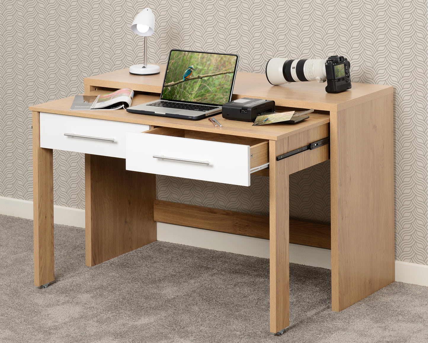 SEVILLE 2 DRAWER SLIDER DESK - WHITE HIGH GLOSS/LIGHT OAK EFFECT VENEER