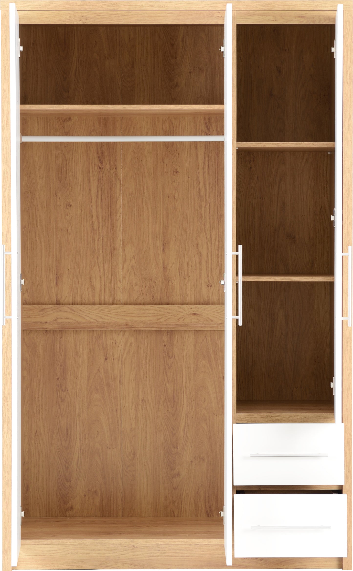 SEVILLE 3 DOOR 2 DRAWER WARDROBE - WHITE HIGH GLOSS/LIGHT OAK EFFECT VENEER
