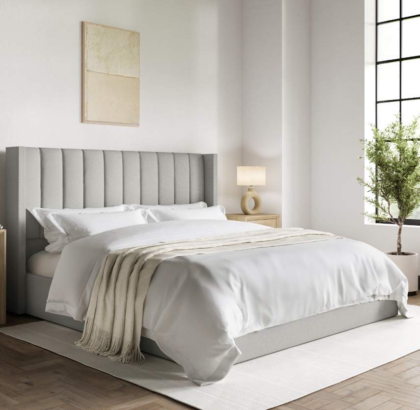 Grey Upholstered Ottoman Bed With Winged Headboard - Maddox