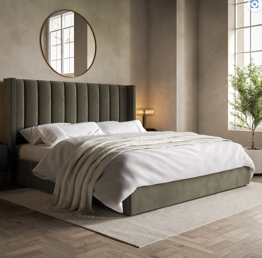 Khaki Velvet Ottoman Bed with Winged Headboard - Maddox