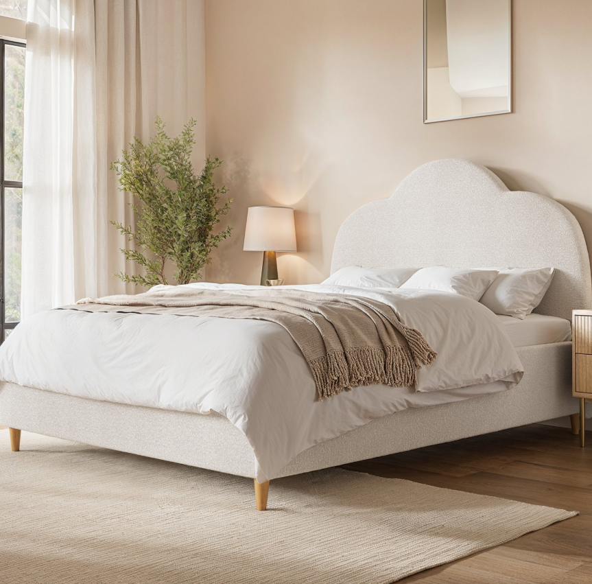 Off-White Boucle Ottoman Bed with Legs and Scalloped Headboard - Roma