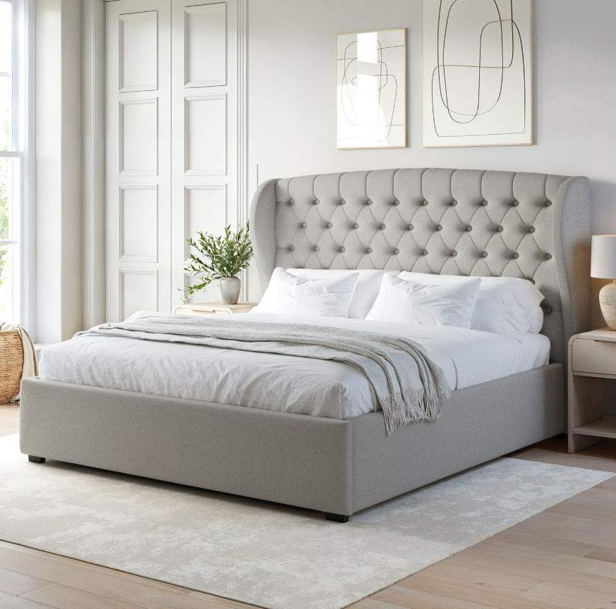 Grey Upholstered Ottoman Bed with Winged Headboard - Safina