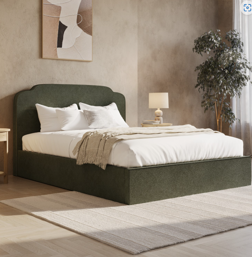 Green Chenille Ottoman Bed with Scalloped Headboard - Siena