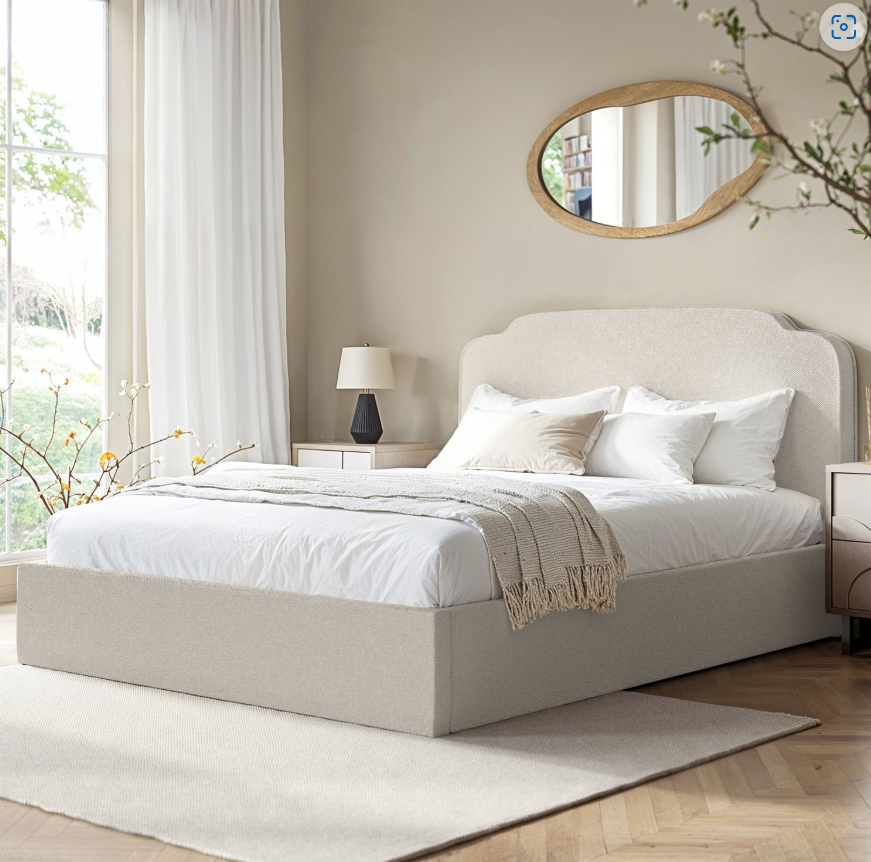 Cream Upholstered Ottoman Bed with Scalloped Headboard - Siena