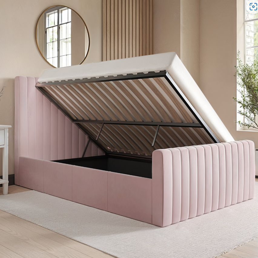 Pink Khloe Velvet Side-Lift Ottoman Bed