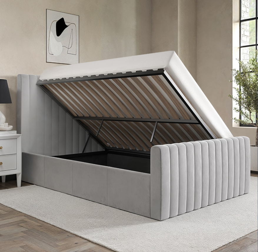 Grey Khloe Velvet Side-Lift Ottoman Bed