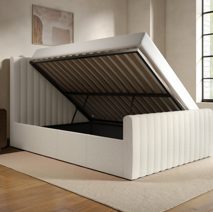 Cream Khloe Velvet Side-Lift Ottoman Bed