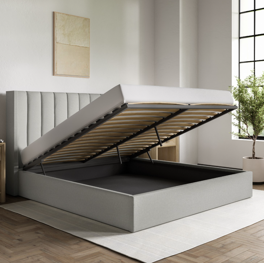 Grey Upholstered Ottoman Bed With Winged Headboard - Maddox