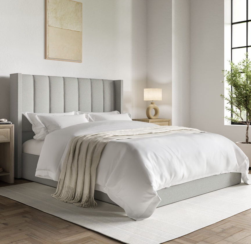 Grey Upholstered Ottoman Bed With Winged Headboard - Maddox