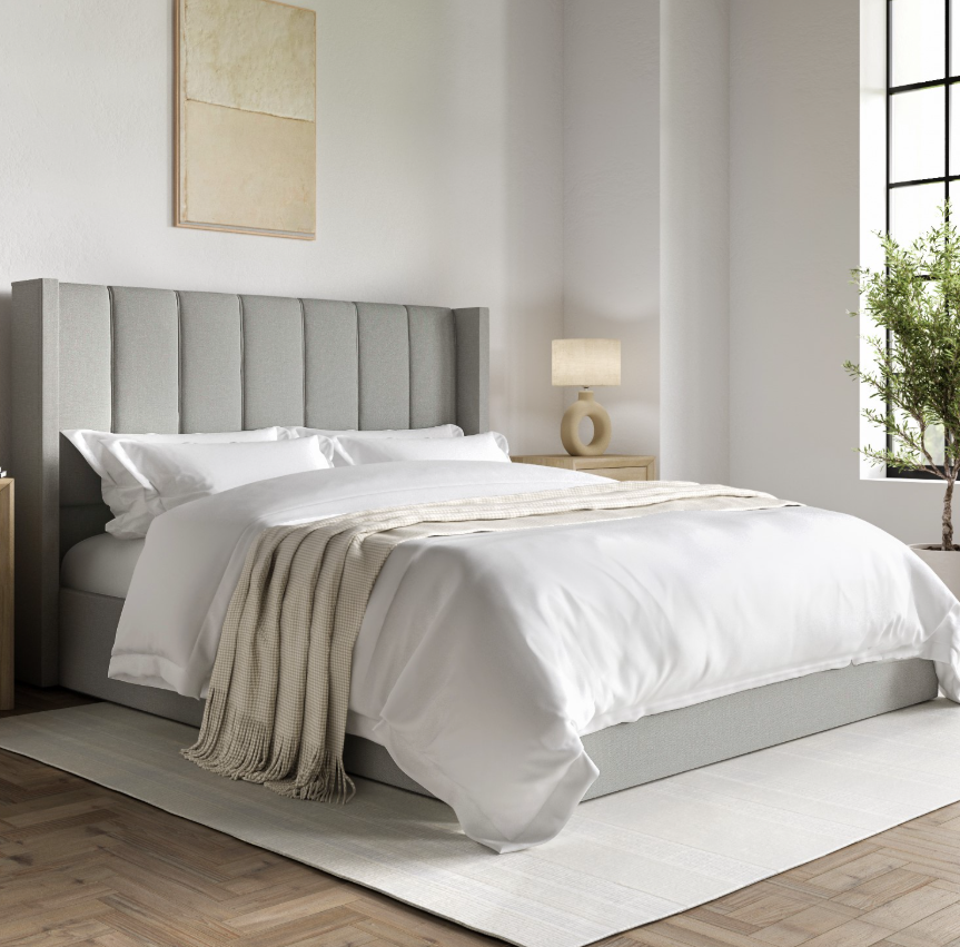 Grey Upholstered Ottoman Bed With Winged Headboard - Maddox