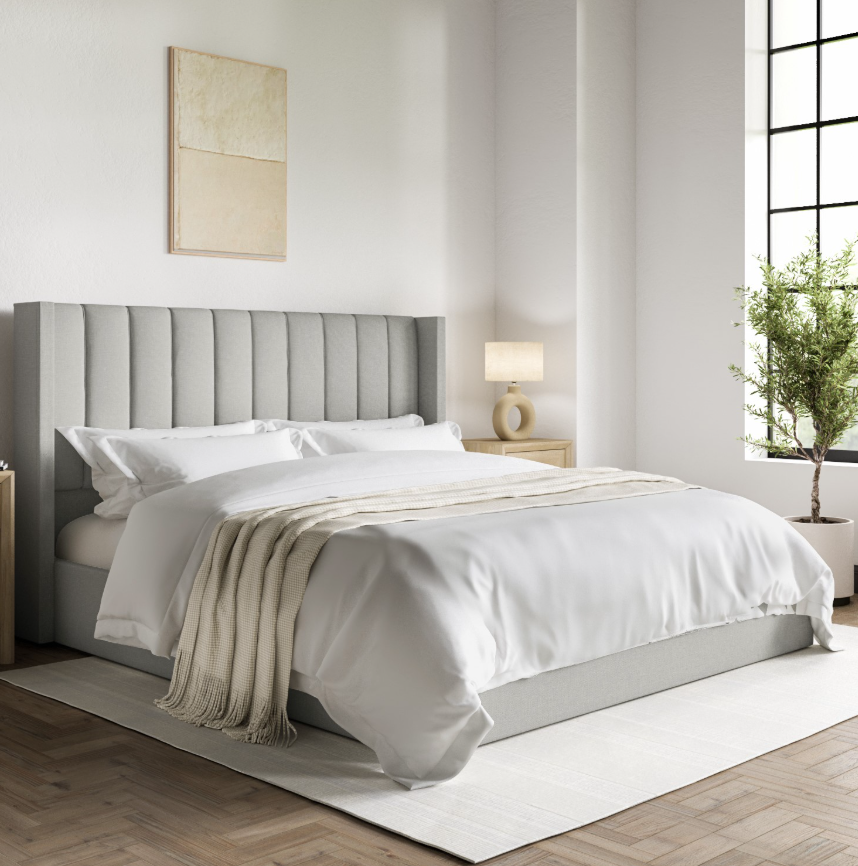 Grey Upholstered Ottoman Bed With Winged Headboard - Maddox