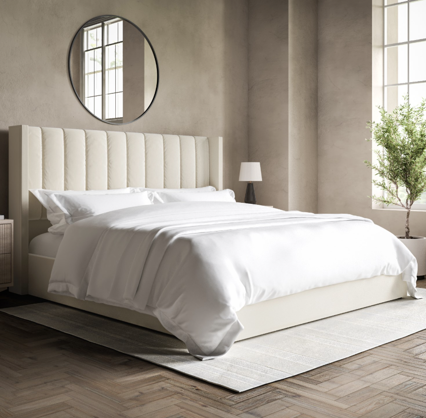 Cream Velvet Ottoman Bed With Winged Headboard - Maddox