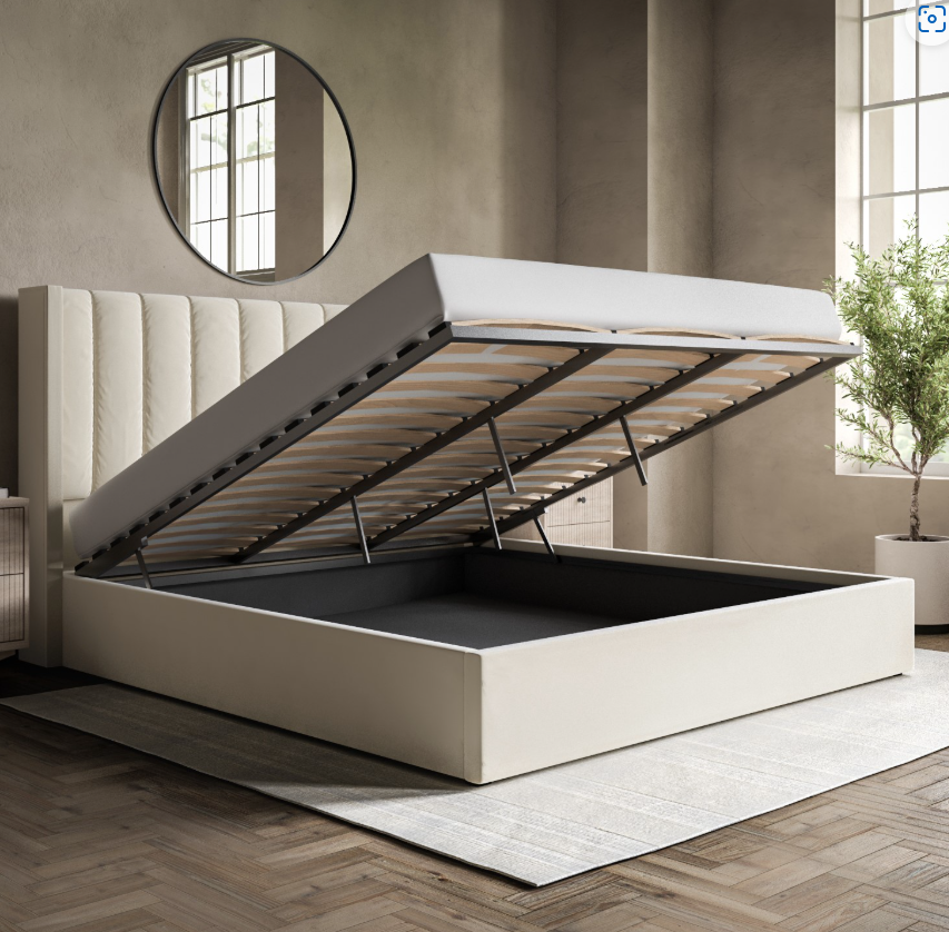 Cream Velvet Ottoman Bed With Winged Headboard - Maddox