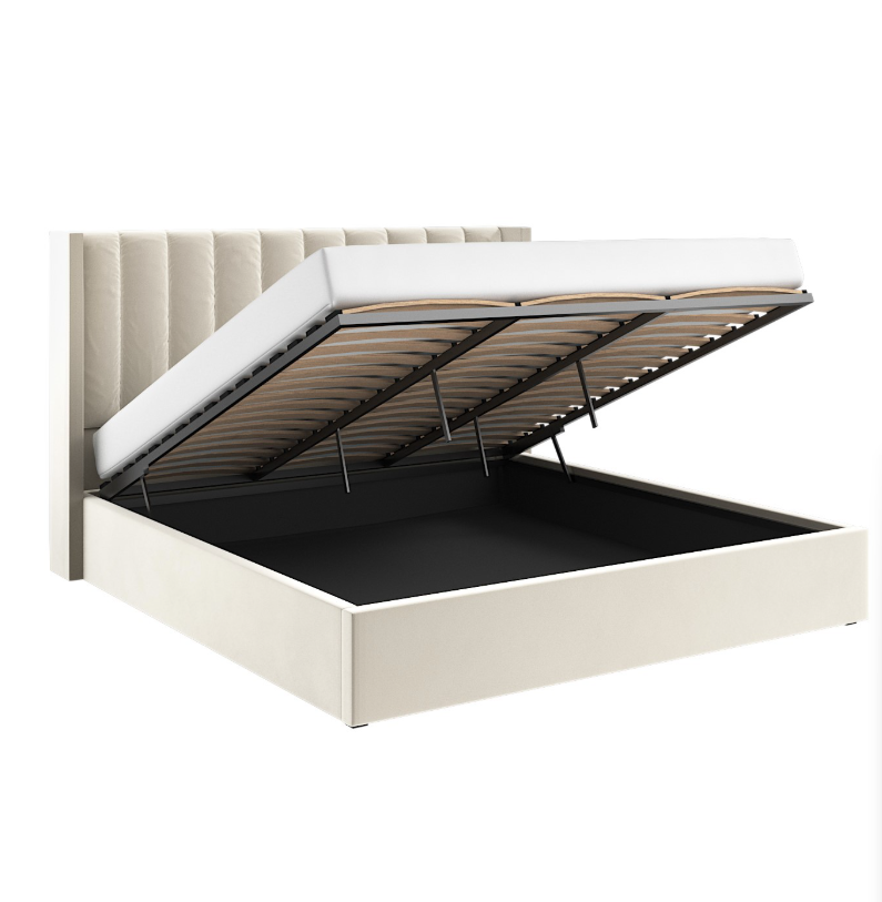 Cream Velvet Ottoman Bed With Winged Headboard - Maddox