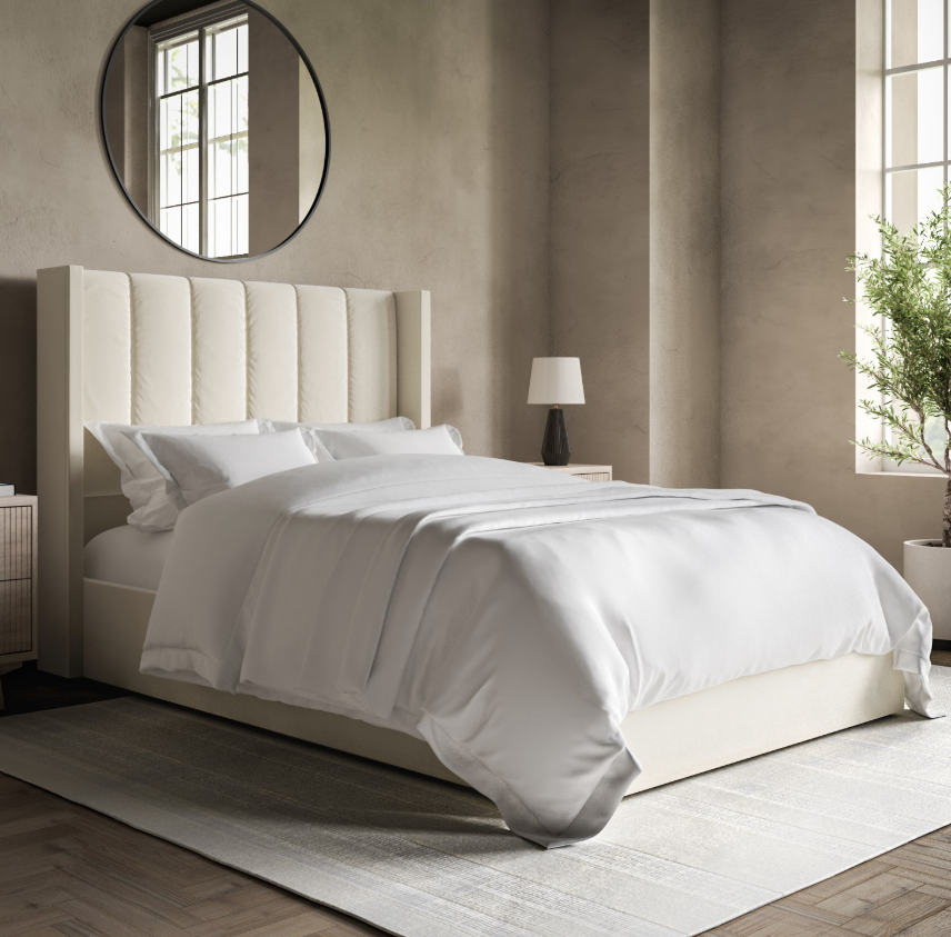 Cream Velvet Ottoman Bed With Winged Headboard - Maddox
