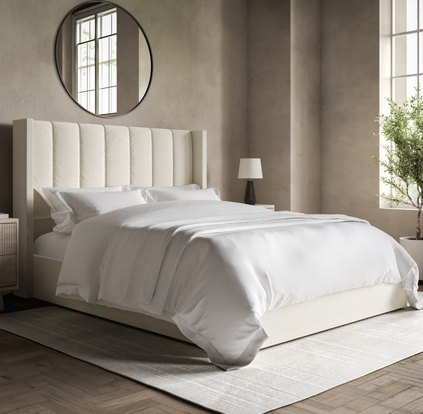 Cream Velvet Ottoman Bed With Winged Headboard - Maddox