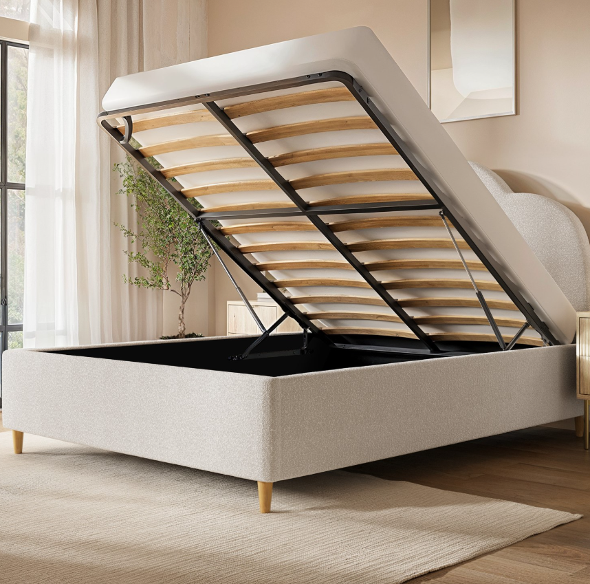 Off-White Boucle Ottoman Bed with Legs and Scalloped Headboard - Roma