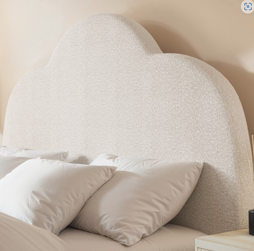 Off-White Boucle Ottoman Bed with Legs and Scalloped Headboard - Roma