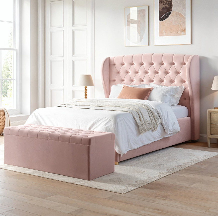 Pink Velvet Ottoman Bed with Winged Headboard Safina