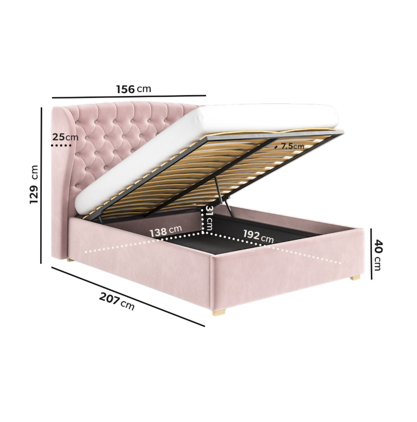 Pink Velvet Ottoman Bed with Winged Headboard Safina