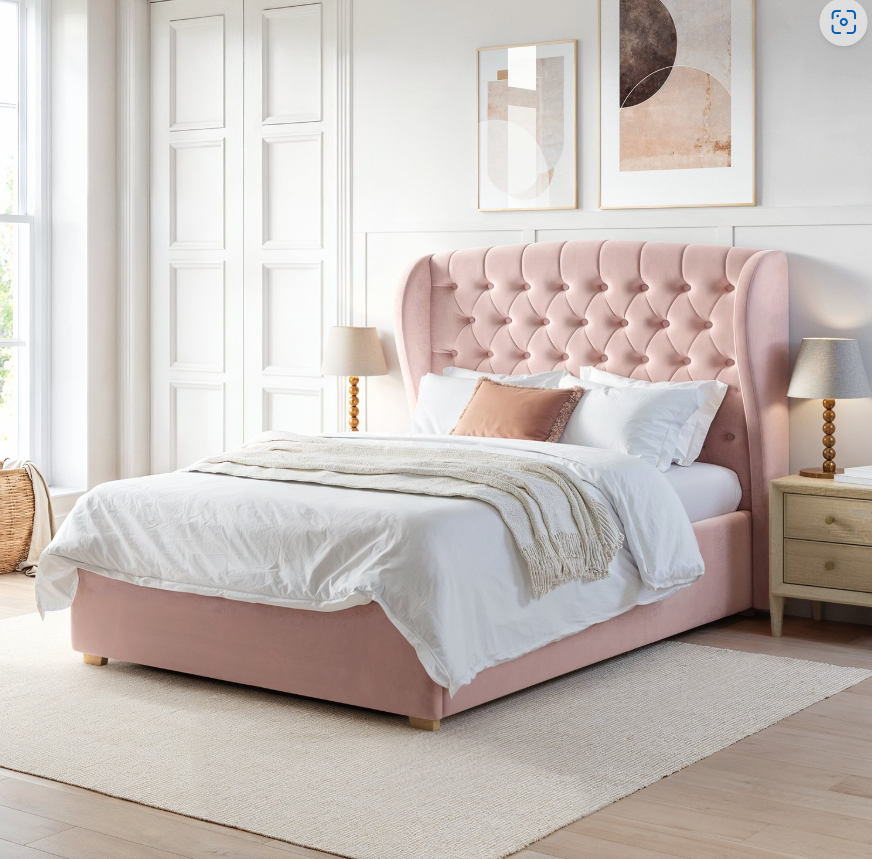 Pink Velvet Ottoman Bed with Winged Headboard Safina