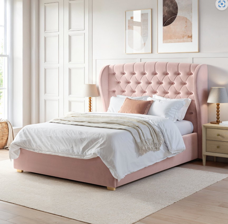 Pink Velvet Ottoman Bed with Winged Headboard Safina