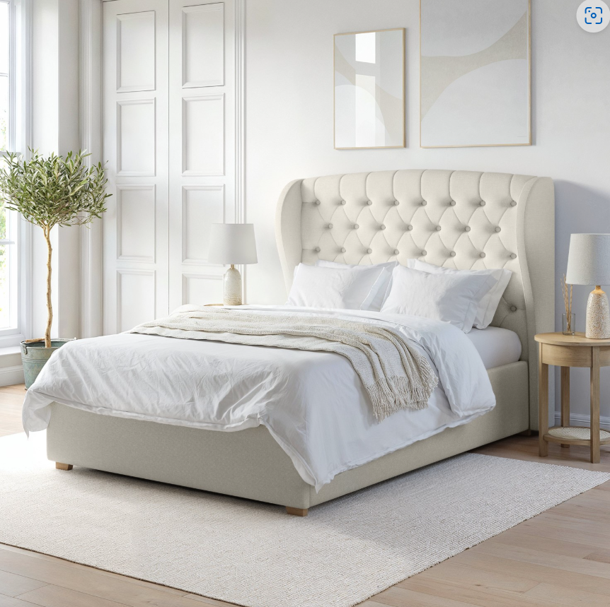 Cream Fabric Ottoman Bed with Winged Headboard - Safina